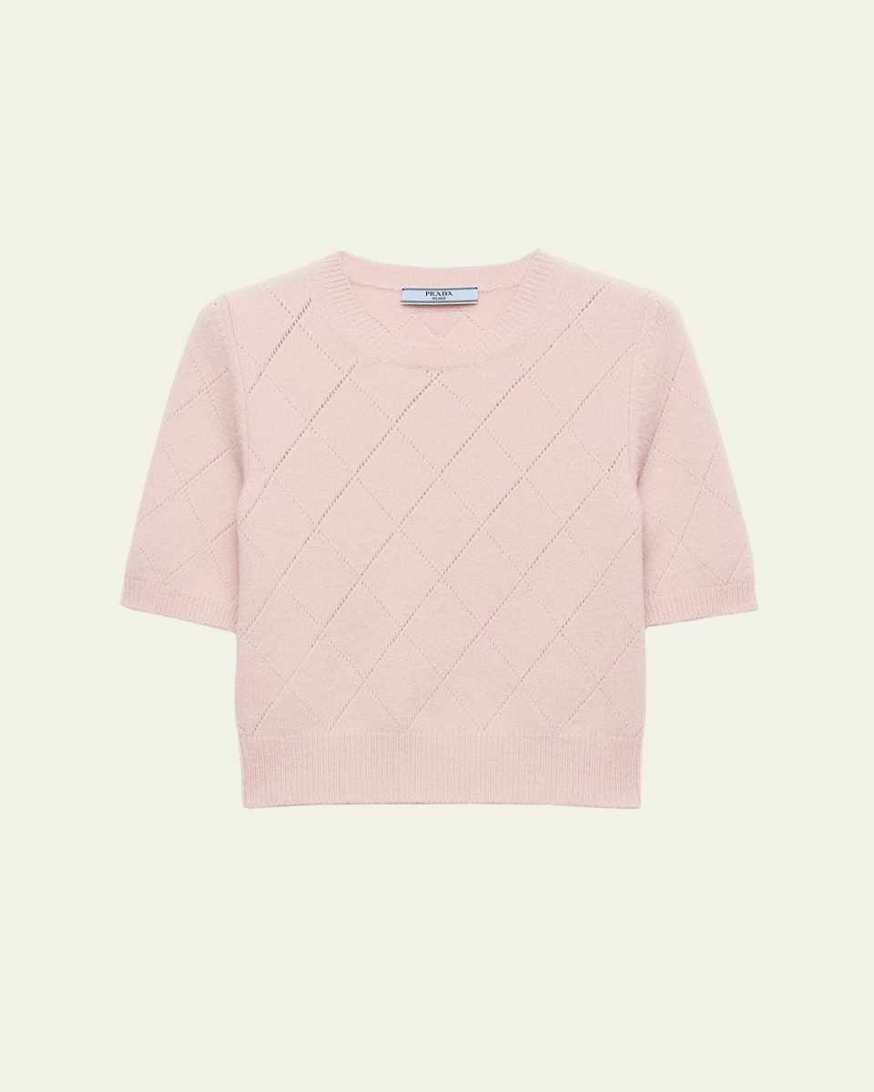 Cashmere Argyle Pointelle Knit Short-Sleeve Sweater